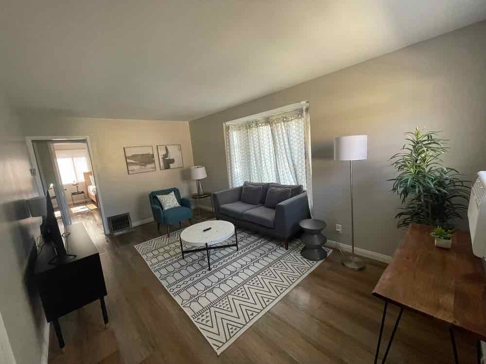 A living room with vacuumed floors, straightened rug and dusted surfaces